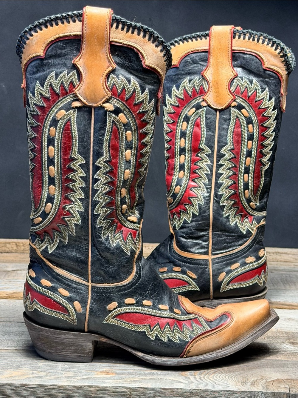Old Gringo Black, Tan & Red Tooled Leather Cowboy Boots - Picture 8 of 13